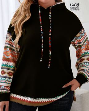 Picture of CURVY GIRLAZTEC PATCHWORK SLEEVE DRAWSTRING HOODIE